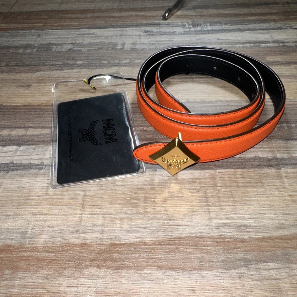 MCM Diamond Buckle Reversible Leather Belt Women's‎ 95cm Size 10 Orange/blck